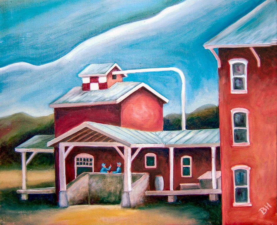 Farmers at Feedmill II, oil on board