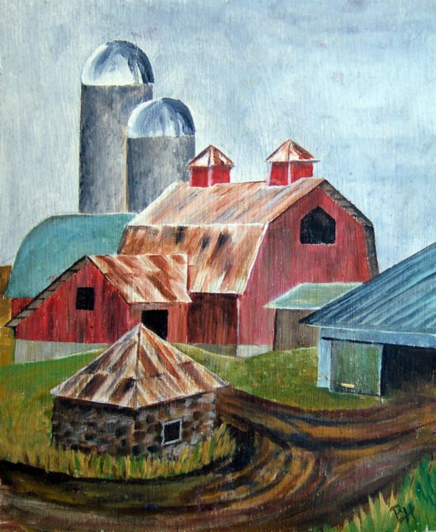 Red Barn and Silos, oil on board