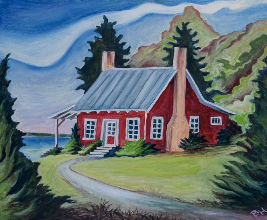 Red Cottage on Bay, oil on board