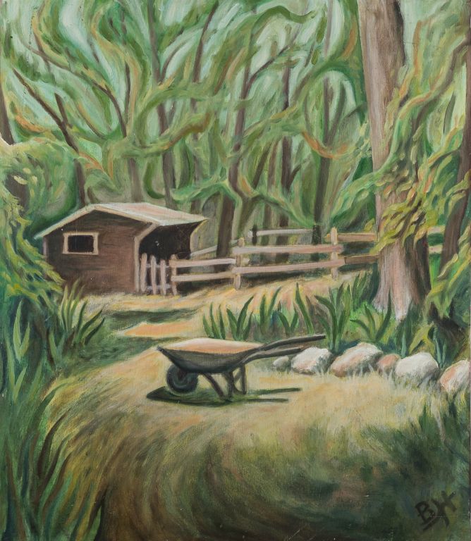 Wheelbarrow, oil on panel, 21"H x 18"W