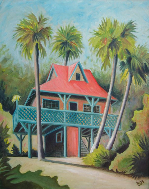 Tropical Tree House I, oil on board